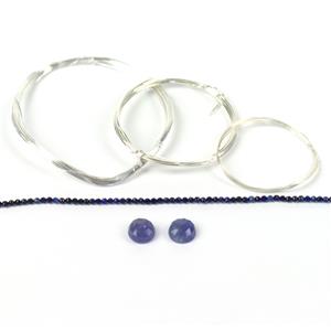 Blue Moon; Tanzanite Rose Cut Flat Bottom Round, Lapis Lazuli Faceted Rounds & Sterling Silver Wire
