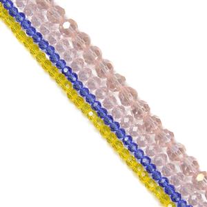 AB Coated Pink Faceted Glass Rounds 7mm, Pink Glass Rondelles 5mm, Blue and Gold Glass Rondelles 4mm, all 38cm Strands 