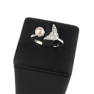 925 Sterling Silver Butterfly Ring with White Freshwater Cultured Pearl Approx 5mm & White Zircon Approx 1mm
