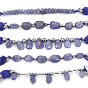 31cts Tanzanite Faceted Gemstone Multi-Shapes with Hematite Spacers, 5cm Strands  