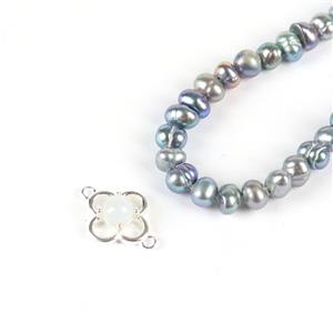 Hyacinth; Peacock Freshwater Cultured Potato Pearls with Sterling Silver Blue Lace Agate Hollow 4 Leaf Clover Connector