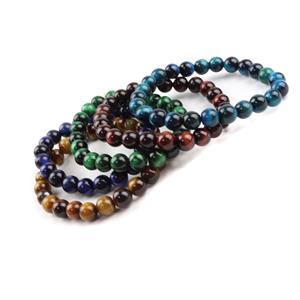 425cts Blue, Green, Yellow Red Tigers Eye, Rounds Approx 8mm  Stretchable Bracelet Set of 5Pcs