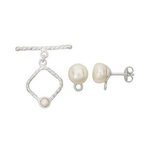 925 Sterling Silver Freshwater Pearl Findings Pack with Twisted Square Toggle Clasp & Stud Earrings with End Loop (Pack of 1)
