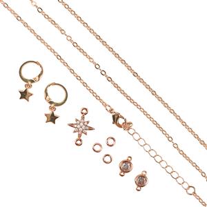 Rose Gold Plated CZ Stud connectors x2, Pave Star Charm with CZ Connector x1, Huggie Hoop Earrings 1 Pair with Star Charms With Jump Rings and Chains