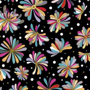 Bold Blooms Collection Tossed Flowers Black Fabric 0.5m