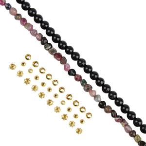 Gold Plated 925 Sterling Silver, Black & Multi-Colour Tourmaline, Spacer Bead Mixed Design