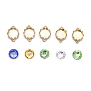 Gold Plated Base Metal Bezel Cup Connectors with 2 loops and Flat Back Glass Stones approx 10mm (5pcs)