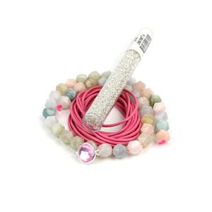 Flower Fairy; 220cts Multi Beryl, Pink Faceted Glass Connector, Pink Leather, Miyuki 11/0