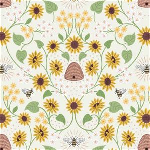 Lewis & Irene Sunflowers Collection Sunflowers Bees And Hives Cream Fabric 0.5m