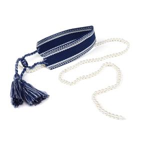Rasberry Bonbon; Navy Braided Tassel Bracelet & Shell Pearl Round
