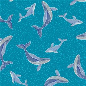 Lewis & Irene Ocean Glow Collection Whales Sea Blue Glow In The Dark Fabric 0.5m