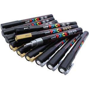 Posca markers, black, gold, silver, line 0,9-1,3 mm, 12 asstd./ 1 pack