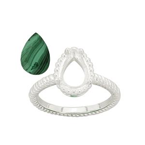 925 Sterling Silver Pear Ring Mount with Malachite (To fit 10x7mm gemstone) 1pcs Size N to O 