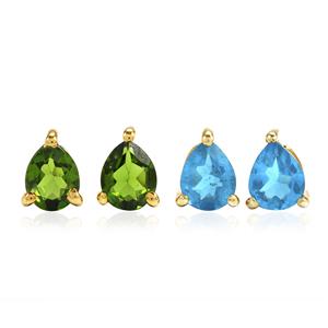 Gold Plated 925 Sterling Silver Pear Shaped Charm with Neon Apatite & Chrome Diopside, Approx 5x4mm (2 Pairs)
