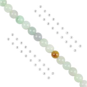 Multicolour Jadeite Plain Round Beads Approx 8mm ,18cm Strand &925 Sterling Silver Stardust Spacer Beads Approx 2mm , 20pcs (2pk)