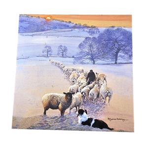 Polyanna Pickering Box Canvas of Shepherd and Flock in Snowscape 30x30cm