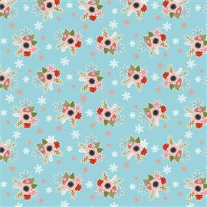 Poppie Cotton Snuggle Up Buttercup Flowers In Snow on Blue Fabric 0.5m Sewing Street exclusive