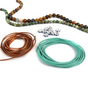 Jacob; African Jasper Plain Rounds 6mm, 8mm, Turquoise & Bronze Leather Cord & Silver Plated Spacer Beads with Blue Stones