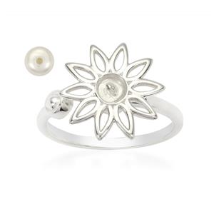 925 Sterling Silver Flower Spinning Adjustable Fidget Ring (To fit 4mm) Cultured Pearl (Included)