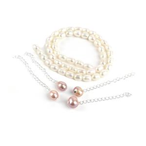 White Fresh Water Cultured Rice Pearls with 925 Sterling Silver Extender Chains