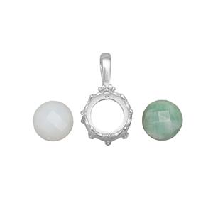 925 Sterling Silver Double Gallery Pendant Mount With 7.25cts Jade & White Opal Round Faceted Approx10mm