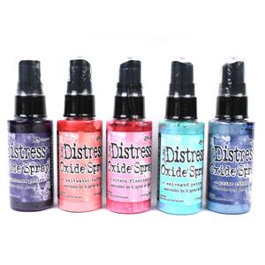 Tim Holtz Distress Oxide Sprays - Pack of 5 Newest Release Colours ( Saltwatter Taffy, Prize Ribbon, Villainous Potion, Salvaged Patina & Kitsch Flami
