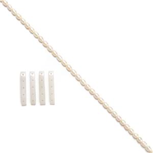 Type A White Jadeite 5 Hole Spacer Bars, Approx 39x6x6mm, 4pcs & 1m Strand White Freshwater Pearls 