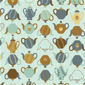 Coffee Bunnies Tea Pots Light Teal Fabric 0.5m