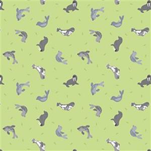 Lewis & Irene Small Things Polar Animals Seals on Lime Fabric 0.5m