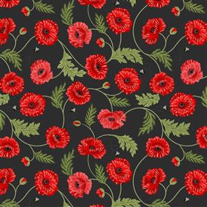 Lewis & Irene Poppies Collection Large Poppies & Bees Dark Fabric 0.5m