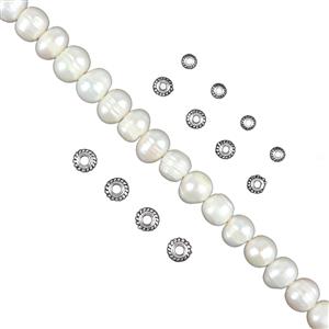 925 Ridged Spacer Beads & 20cm Strand 8-9mm White Freshwater Potato Pearls