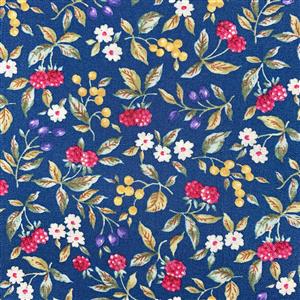 Country Floral Red Berries on Blue Fabric 0.5m Exclusive