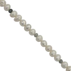 White Freshwater Cultured Pearls Approx 4 to 5mm With 1cts Grandidierite Rondelles, 38cm Strand