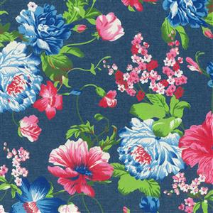 Printed Denim Blue & Pink Floral Fabric 0.5m