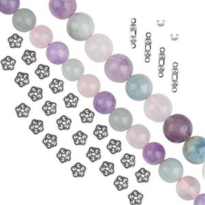 925 Sterling Silver Flower, Multi Gems (Aquamarine, Rose Quartz, Lavender Amethyst) Projec