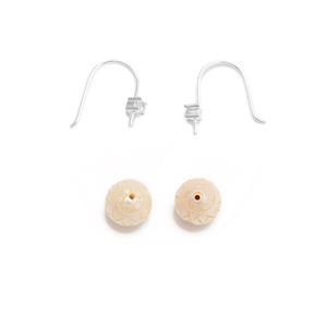 White Freshwater Pearl Rounds, Approx 9-10mm with Sunflower Carving, 2pcs + 925 Sterling Silver Ear Wire with White Topaz Peg