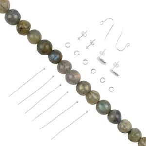 925 Sterling Silver Earring Set, 15pcs & 45cts Labradorite Plain Rounds Round Approx 3 to 6mm 30cm Strand