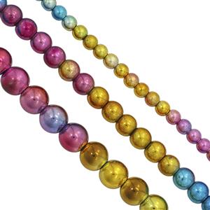 400cts Rainbow Ombre Hematite Smooth Round Approx 4mm, 6mm, 8mm 25 cm Strands (Set of 3)