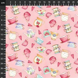 Henry Glass Tweets And Treats Tea Cups Pink Fabric 0.5m