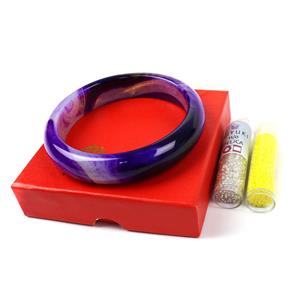Gemstone Bangle; Dyed Purple Agate Bangle with Yellow & Wite 11/0 Seed Beads