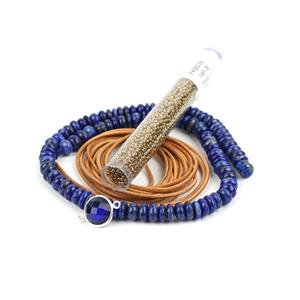 River Sprite; 140cts Lapis, Dark Blue Faceted Glass Connector, Tan Leather, Miyuki 11/0