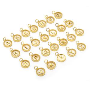 Gold Plated 925 Sterling Silver Letter Mother of Pearl Charms with Beaded Mount, Approx 15mm