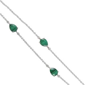 10.36cts Malachite, 925 Sterling Silver Station Necklace Curb Diamond Cut Chain, 18inch 