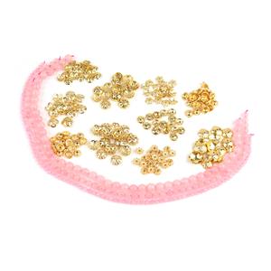 Base Metal End Caps - Gold Plated Base Metal Bead Cap Bundle, 10 designs with Rose Quartz Plain Round 4mm, 6mm, 8mm 325.00cts Loose Bead Strands