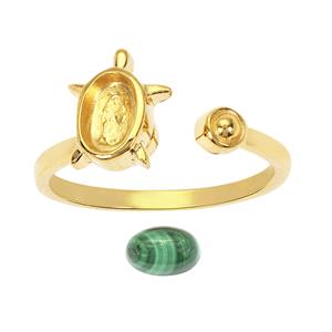 Gold Plated 925 Sterling Silver Turtle Spinning Adjustable Fidget Oval Ring ( To Fit 6x4mm )with Malachite, Approx 9x8mm