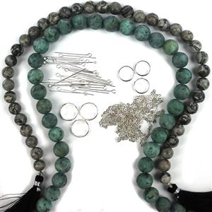 Stormy Sky; Sage Jasper & Gray Map Plain Rounds, Sterling Silver Chain, Eye Pins & Halo Beads