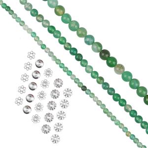 Green Banded Agate Plain Round, 4mm, 6mm, 8mm, Set of 3 Strands & Silver Plated Base Metal Bead Cap Bundle 