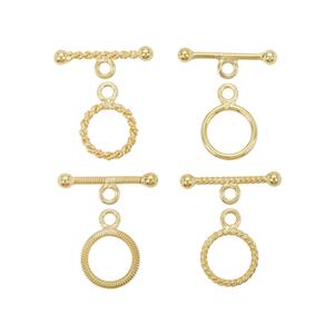 Gold Plated 925 Sterling Silver Lightweight Toggle Clasps (Ring 10mm, T Bar 17mm)- Pack of 8