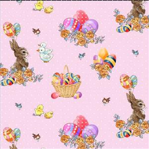 Henry Glass Bunny Tails Bunny & Basket Pink Fabric 0.5m