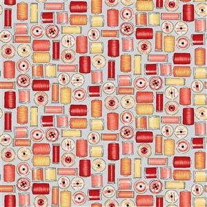 Sewing Room Red, Yellow, Orange Threads on Grey Fabric 0.5m